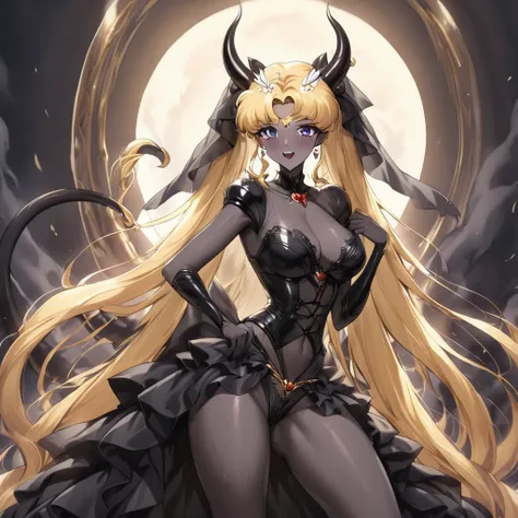 ((Highest quality)), ((masterpiece)), (detailed), （Perfect Face）、The woman is Princess Serenity having sex with the Demon King, the woman is Princess Serenity, a sexy female demon with jet black skin、The woman is a jet-black female demon with magnificent d...