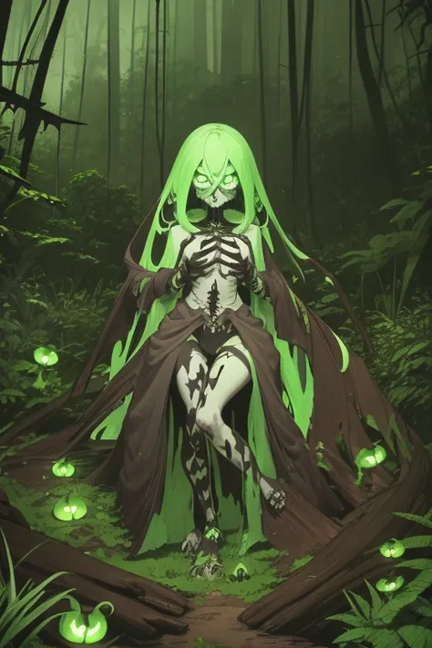 Undead skeletal zombie with open chest inside the chest a black orchid sprout emerges body covered with roots and fungus in its neon green eyes discarded ranger clothing dirt arms covered by roots leg cups with blisters covering its body green blood toxic ...