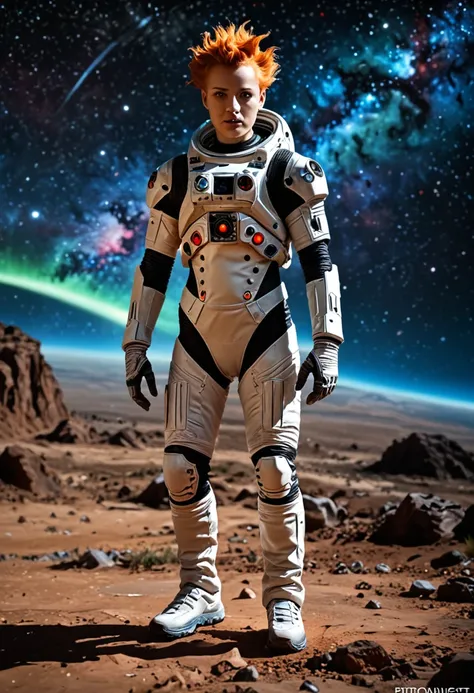 A fierce space explorer with short, spiky hair, wearing a sleek, high-tech spacesuit, standing on the surface of an alien planet with a vibrant, otherworldly landscape, (best quality,8k,highres,masterpiece:1.2), ultra-detailed, (realistic, photorealistic, ...