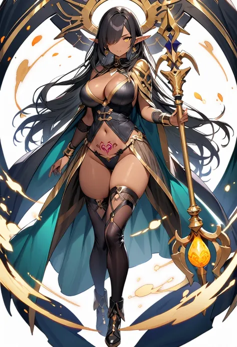 (masterpiece:1.2), (highest quality:1.2), 1girl, solo, pointy-ears, dark-skin, breasts, dark-skinned-female, staff, transparent-background, dark-elf, large-breasts, black-hair, cape, elf, earrings, full-body, jewelry, tattoo, thighhighs, hair-over-one-eye,...