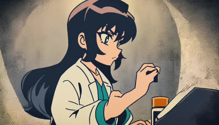 Doctor making a medicine,dark anime style,retro