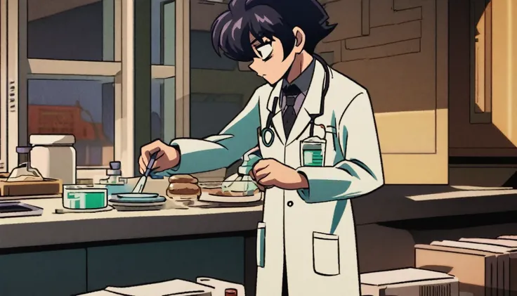 Doctor making a medicine,dark anime style,retro