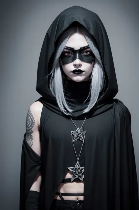 Make a cartoon character with gray paint on his face and a black strip covering his eyes, black lipstick, black hood covering the head and leaving only the face showing, clothing is a black cloak, tank top and holding a pistol, pentagram tattoo on arm 