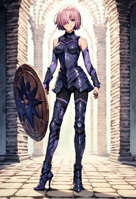 full body, masterpiece, best quality, 1girl, (detailistic), dark armor, dark cross shield, mash kyrielight, light purple hair, short hair, hair over one eye, smile, slim body, detailed eyes, ultra-detailed, hyper-realistic, 8k, cinematic lighting, dramatic...