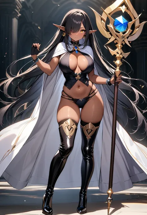 (masterpiece:1.2), (highest quality:1.2), 1girl, solo, pointy-ears, dark-skin, breasts, dark-skinned-female, staff, transparent-background, dark-elf, large-breasts, black-hair, cape, elf, earrings, full-body, jewelry, thighhighs, hair-over-one-eye, very-lo...