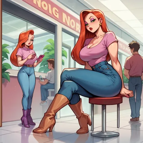 Jessica Rabbit is bored working selling cell phones in the mall. She wears a pink shirt and jeans and boots, she has big tits and a big ass, people watching cell phones