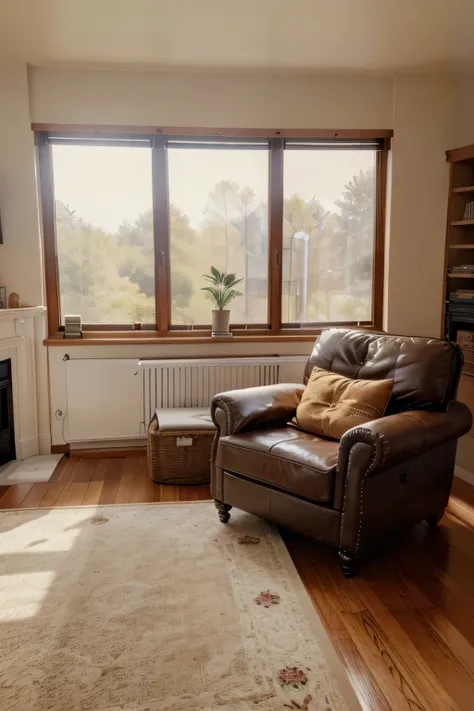 there is a living room with a couch, chair, and a fireplace, natural light in room, warm living room, sitting in rural living room, placed in a large living room, with backdrop of natural light, cosy atmoshpere, cozy arm chairs, cozy environment, large win...