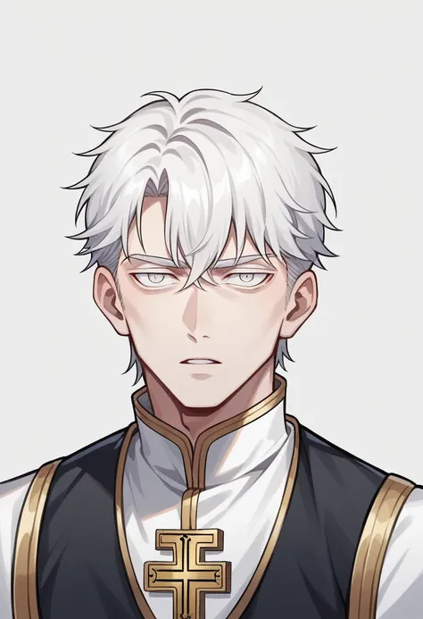 (masterpiece,best quality,ultra_detailed,highres,absurdres),1man, male focus, solo, white hair, priest, simple white background, blind eyes, upper body, vest, white hair, looking at viewer, parted lips, priest clothes, (looking  away:1.2)