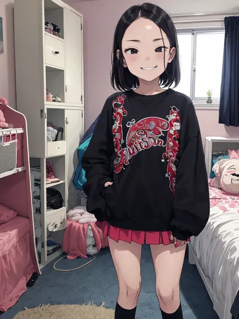 1girl,12yo,,my room,angry,standing,long sleeves,miniskirt,looking viewer,(smirk)