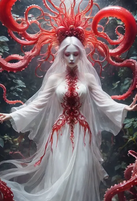 Magic plantloody ghost flower from the abyss, Ghost Flower,Blood-red tentacles stare at the dead，Enchantment，uncanny，terror