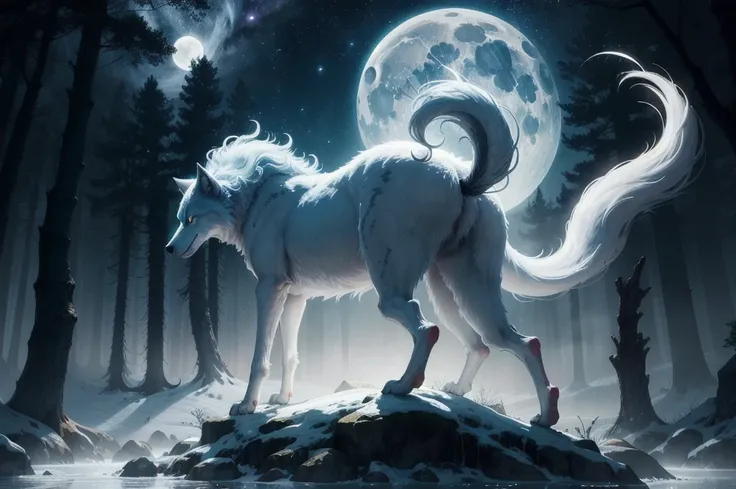 1 Big Wolf, King pause, mythical creature, a Fenrir with blue eyes standing on top of a snowy mountain. Big wolf white fur. Glowing eyes. Nighttime. Large landscape. Looking towards the moon,(glowing eyes:0.9), red fur, elegant posture, (spiritual aura:1.2...