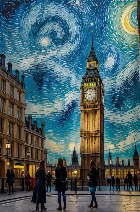 Peinture filles devant big ben de dos dans le style de van gogh