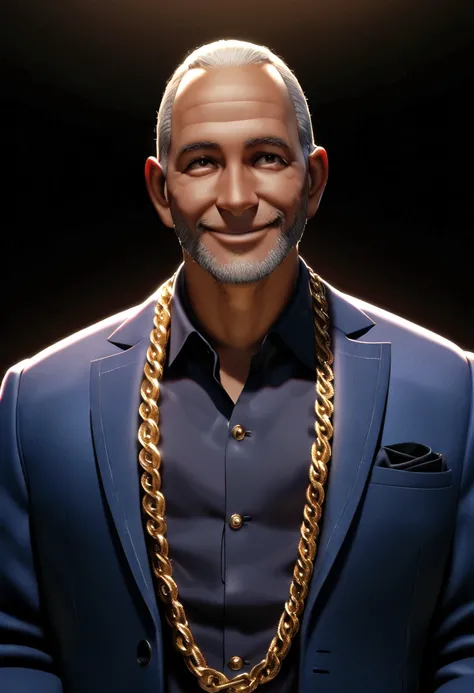 Create a Pixar-inspired 3D poster capturing a 32-year-old man with dark skin in a blue suit, no tie, no beard, smiling, and a gold chain 