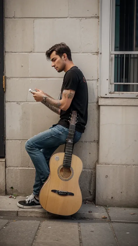 A guy playing guitar sits on the street with his back against the wall, there are paintings "disappointed" on the ground