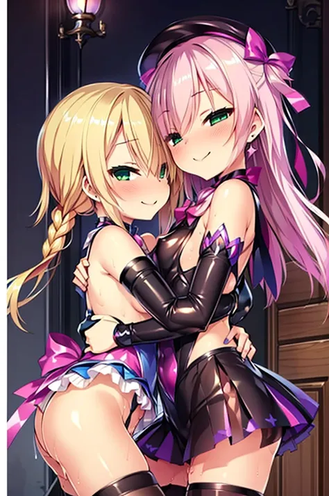 nsfw,((One man and one woman,Having sex)),(supright straddl),hug,from side,Small breasts,blonde,Hair above one eye,Green Eyes,Laughing with your mouth open,tights, ((Pink magical girl costume)),Removable sleeves,beret,ribbon,(masterpiece,Best image quality...