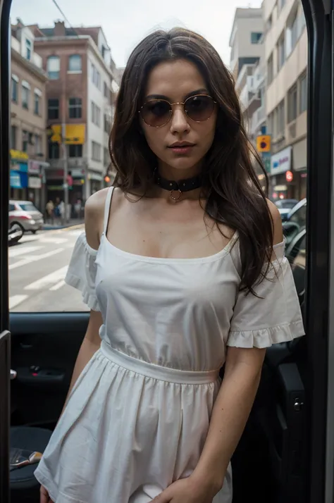 ((best qualityer)), ((work of art)), (detailded), 1 girl, DRIVING AN SUV, DRIVING CAR, INTERNAL PART OF THE CAR, frill, SUNGLASSES and COLLAR T-shirt, white dress shirt, Portrait of a BRAZILIAN woman, sexy looking with long hair, HAIR TRAPPED, hazel eyes, ...