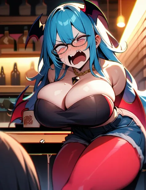 (masterpiece), best quality, expressive eyes, girls face, perfect hybrid succubus, long cyan and blue hair, magenta eyes, glasses, angry, crying, eyes closed, screaming, blushing, drunk, black t-shirt, red tights thighs, demon tail, gold necklace with a bl...