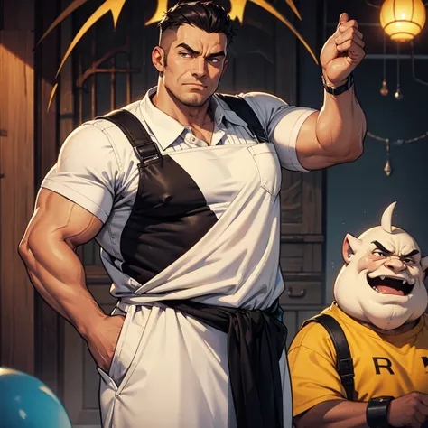 Strong butchet man, fatty, an yellow apron with an white shirt beneath it, black pants, psycho face, holding a demon mask.