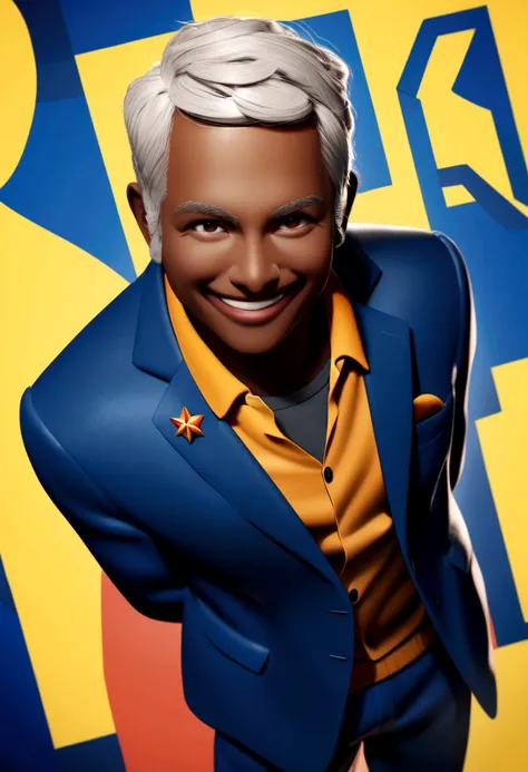 Create a Pixar-inspired 3D poster capturing a 27-year-old man with dark skin in a blue suit, no tie, no beard, smiling, politic 