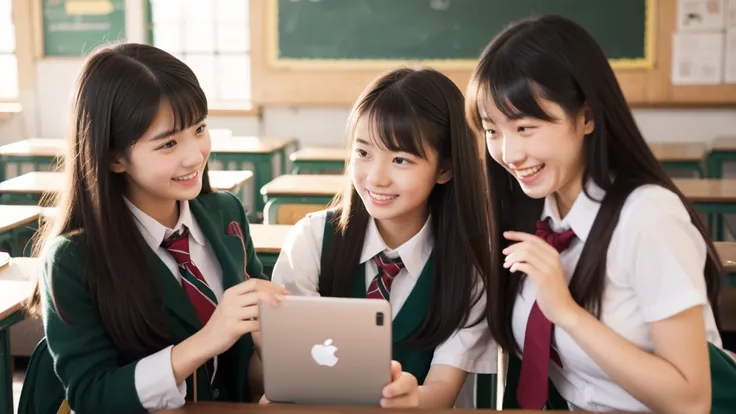 Three high school girls chatting in a classroom、Looks like a lot of fun、All three are cute、Fiddling with your iPhone