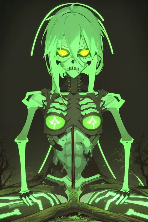 Undead skeletal zombie with open chest with a fungus inside Neon green with sprouts and roots covering the body Neon green eyes Destroyed ranger clothing Dirty arms covered by roots and legs with blisters covering his body Toxic neon green blood gray backg...