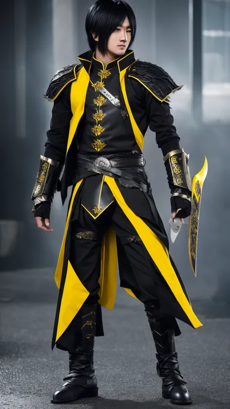 male character,Youngh,Cao Cao,long black hair with a white streak in the bangs,all black clothing with metal gauntlets and shin guards and yellow eyes.