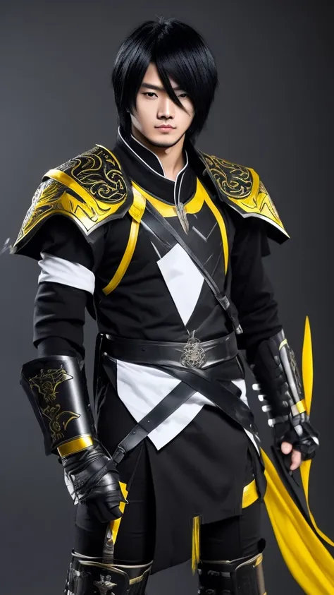 male character,Youngh,Cao Cao,long black hair with a white streak in the bangs,all black clothing with metal gauntlets and shin guards and yellow eyes.