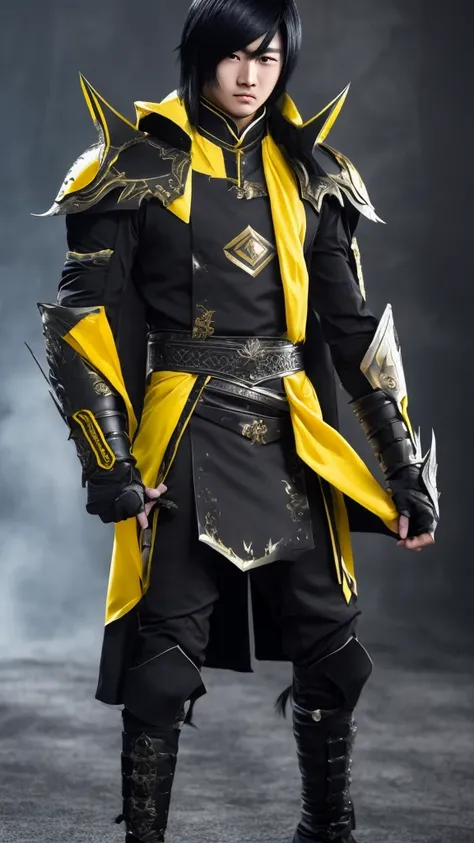 male character,Youngh,Cao Cao,long black hair with a white streak in the bangs,all black clothing with metal gauntlets and shin guards and yellow eyes.