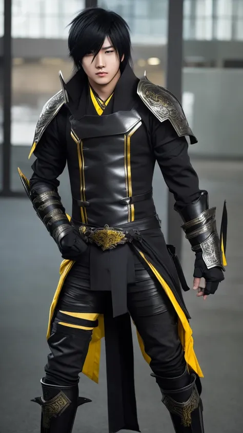 male character,Youngh,Cao Cao,long black hair with a white streak in the bangs,all black clothing with metal gauntlets and shin guards and yellow eyes.