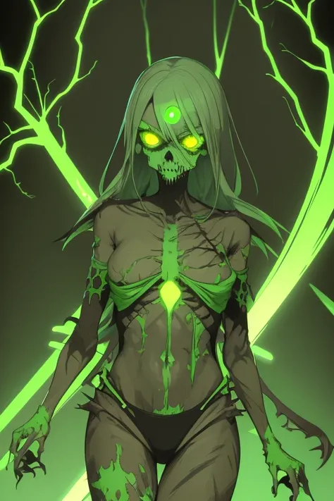 Undead skeletal zombie with open chest with a fungus inside Neon green with sprouts and roots covering the body Neon green eyes Destroyed ranger clothing Dirty arms covered by roots and legs with blisters covering his body Background of a radioactive swamp...