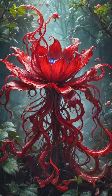 Magic plantloody ghost flower from the abyss, Ghost Flower,Blood-red tentacles stare at the dead，Enchantment，uncanny，terror