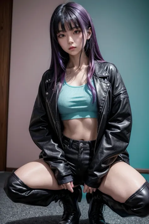 A Japanese girl with straight black hair with purple and cyan highlights with a fringe, a pink crop top and wide black pants, black boots and a black leather jacket, holding a katana cyan hair