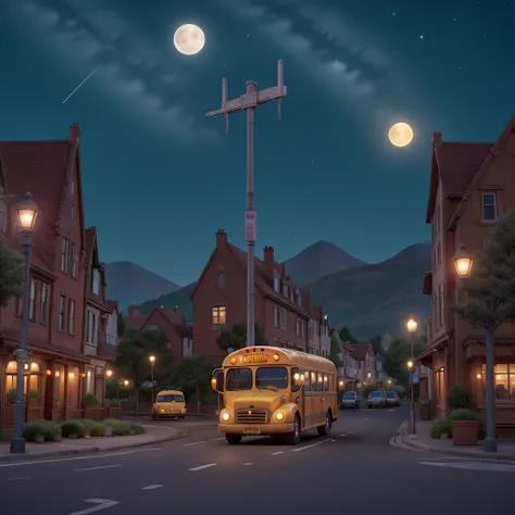 ((best qualityer))
Generate image of the city of Brunkley. Street with school bus and parked cars, lamppost connected with yellow light, Starry sky at night, with a moon. Add a film filter for a desolate effect