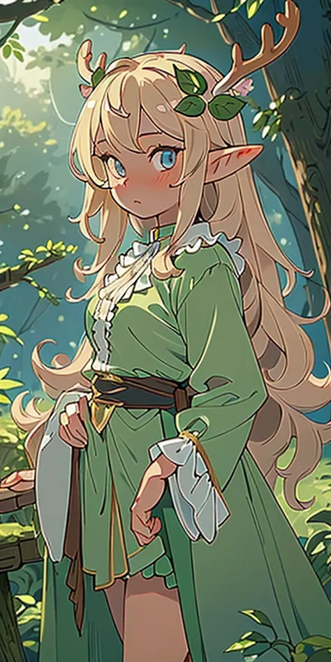 (masterpiece, best quality), 1girl, intricate details, blonde, leaf, wavy hair, looking at viewer, elf, upper body, forest, frills, mist, deer antlers,