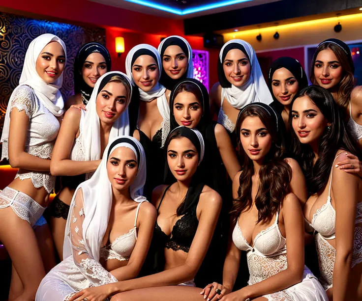 ((Best quality, 8k, Masterpiece :1.3)), (realistic, photo-realistic:1.37) A charismatic man wearing Arabic clothes sitting in the middle surrounded by seven young sexy Arab women wearing hijabs with sexy white lace bras. Sitting in karaoke room. Seductive ...