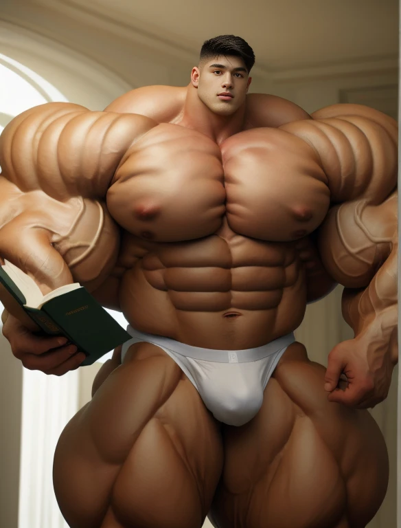 1boy, giant, alone, giant bodybuilder, illuminating light, strong body, bulk, large size, stand, bring a book with white background, indoor, nude, white triangular underwear, thick bulge, scratch his bulge, extraordinary big, brutalmass, giant muscular bod...