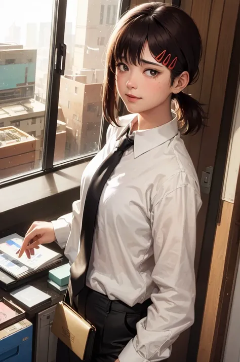 masterpiece, best quality, ultra-detailed, illustration, epic lighting, cinematic composition, isometric, 1girl, solo, cute, brown eyes, black hair, swept bangs, single sidelock, red hairclip, white collared shirt, black necktie, black pants, formal, encha...