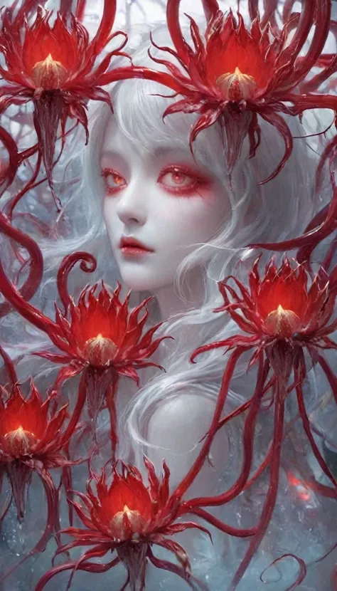 Magic plantloody ghost flower from the abyss, Ghost Flower,Blood-red tentacles stare at the dead，Enchantment，uncanny，terror