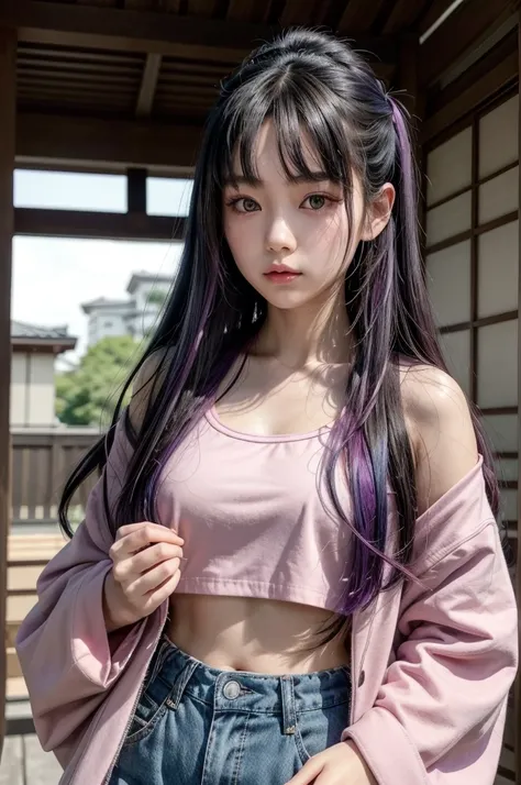 A captivating Japanese girl adorns a unique ensemble, sporting long black hair with eye-catching cyan and purple highlights cascading down her shoulders and framing her face. Sua roupa é composta por um Set of a pink crop top with wide black pants with pin...