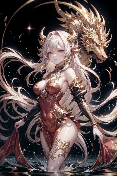  sexy anime with long hair and red dress standing in the water with a big golden dragon, 4K anime art wallpaper, 8K anime art wallpaper, anime fantasy artwork, 4k fantasy artwork, 坏蛋动漫8 K, epic anime art, detailed art of onmyoji, anime fantasy illustration...