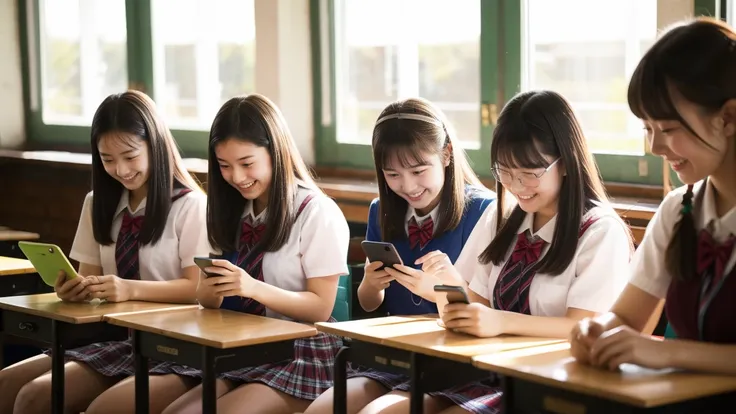 Four high school girls are fiddling with their phones. They look very happy, inside the classroom.