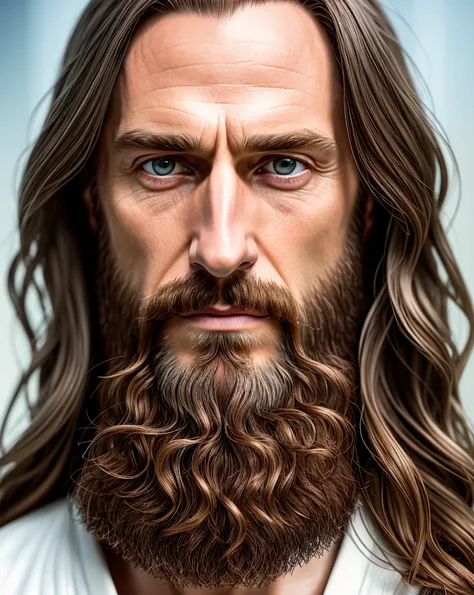 (symmetry),centered,a ((close)) up portrait,(Jesus),a very handsome old white man with long hair and a beard,wearing a long white robe, natural skin,clothes  detail, 8k texture, 8k, insane details, intricate details, hyperdetailedhighly detailed,realistic,...