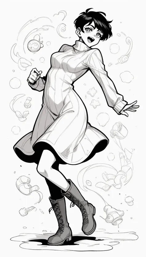 black and white, line art, no shading, full body, live2d character, pixie hair, skinny, dancing, medium breasts, sweater, spooky...