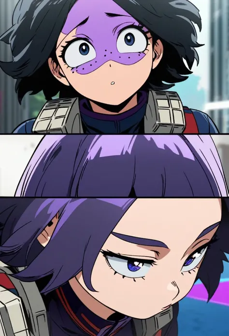 Screenshot of My Hero Academia, a mexican girl with , wide, almost black, blue with purple reflections., with sapphire blue eyes and purple shadow with long eyelashes and slanted eyes with purple freckles and wearing the boku no hero academia style and the...