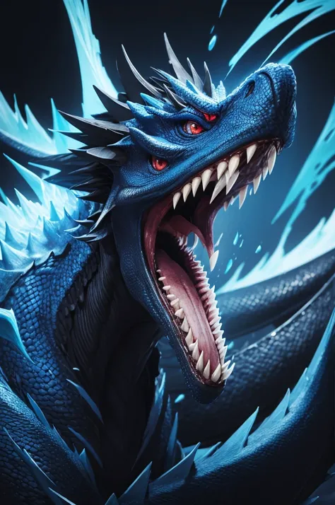 Create a cell phone wallpaper, blackw, with a blue dragon appearing underneath roaring