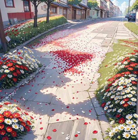 A thousand daisy petals scattered on the ground of a street