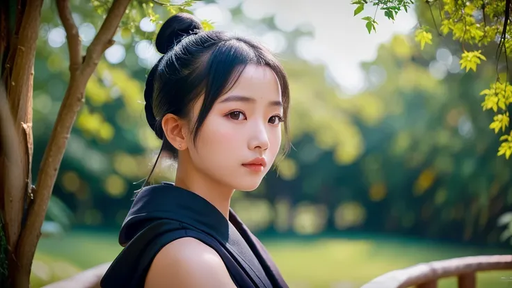 Real, cinematic, high quality photo, extremely beautiful young Asian lady, Taoist style, conservative half-length style, hairstyle in bun, soft light, wearing dark blue Taoist robe, soft emotions, social media feeling background, sunshine, realism, surreal...