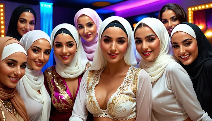 ((Best quality, 8k, Masterpiece :1.3)), (realistic, photo-realistic:1.37) A charismatic man wearing Arabic clothes is surrounded by seven young sexy Arab women wearing hijabs with sexy white lace bras. Sitting in karaoke room. Seductive face, Some hugging ...