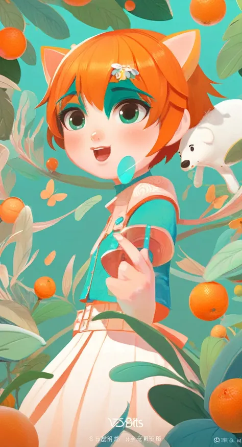 a work of art, of, 2d game art style, characterized girl, Dmitry Vishnevsky, orange and emerald, cute and dreamy, editorial illustrations, zeiss batis 18mm f/2.8