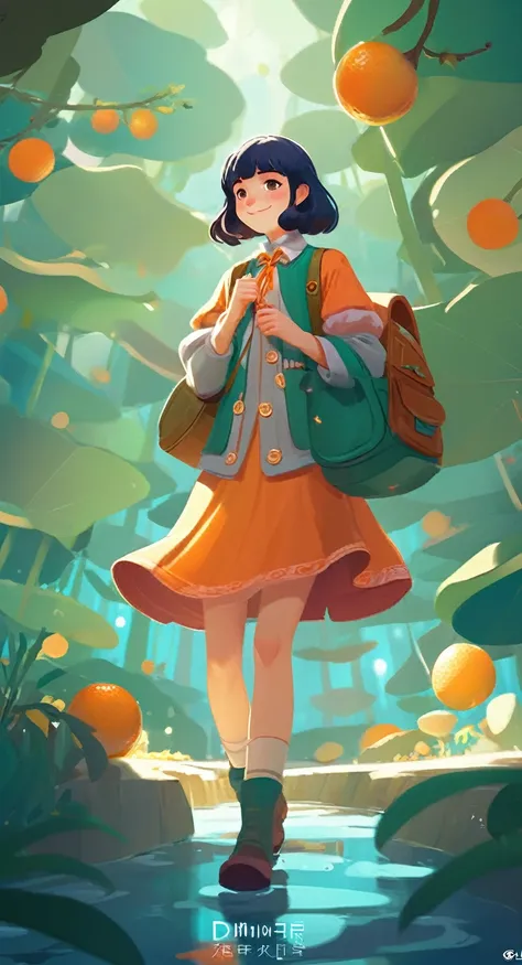 a work of art, of, 2d game art style, characterized girl, Dmitry Vishnevsky, orange and emerald, cute and dreamy, editorial illustrations, zeiss batis 18mm f/2.8